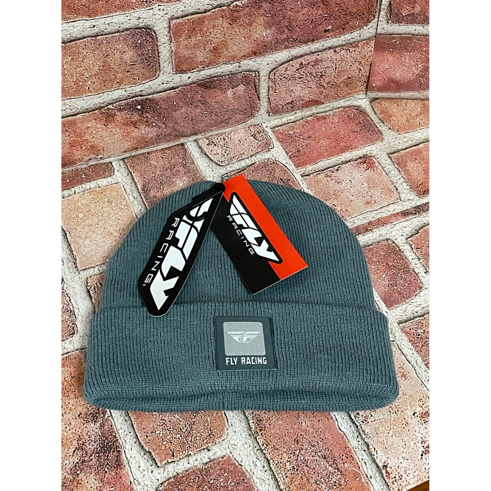 Fly Racing Andy Beanie Grey Ribbed Knit Cuffed‎ Logo Patch Hat 351-0007 NEW